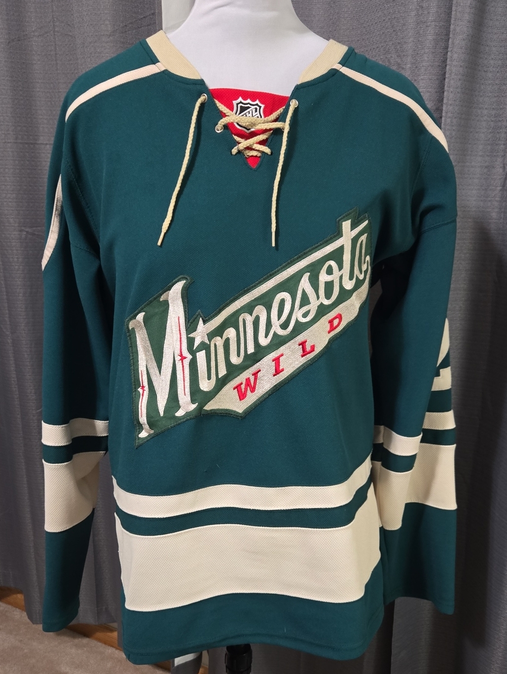 NHL Minnesota Wild Green and Cream Lace-Up Hockey Jersey with Red Accents